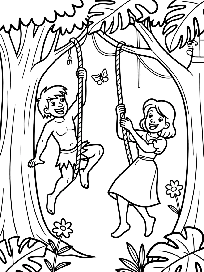 Tarzan and Jane swinging through the trees, laughing.