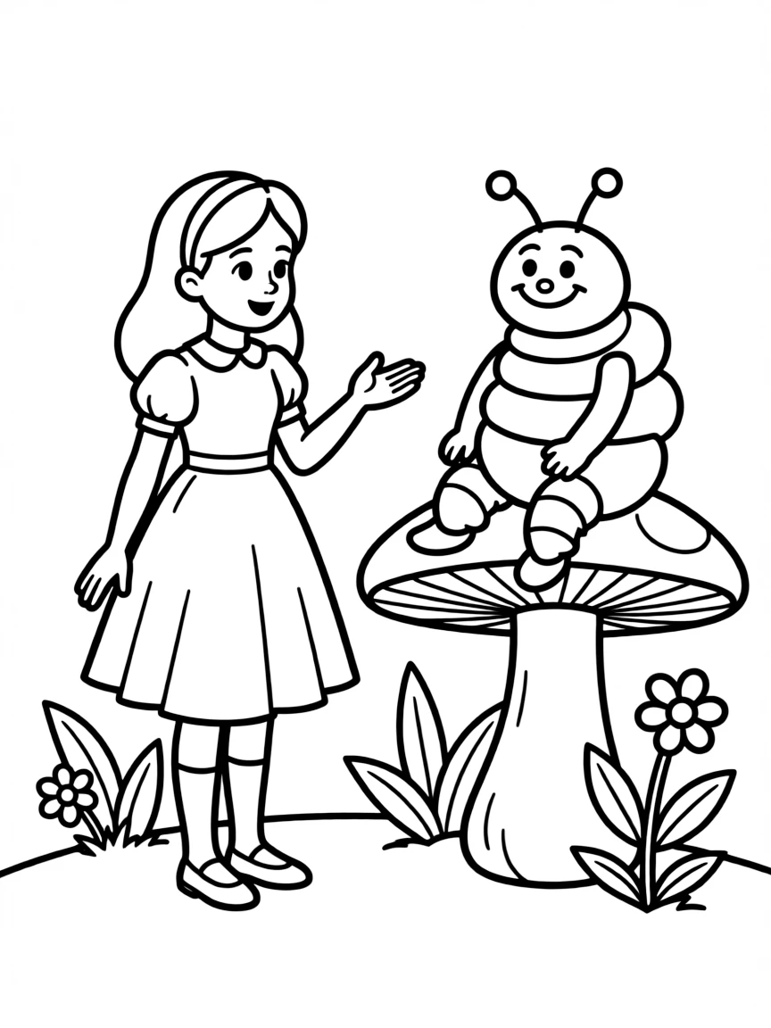 Alice having a conversation with the Caterpillar.