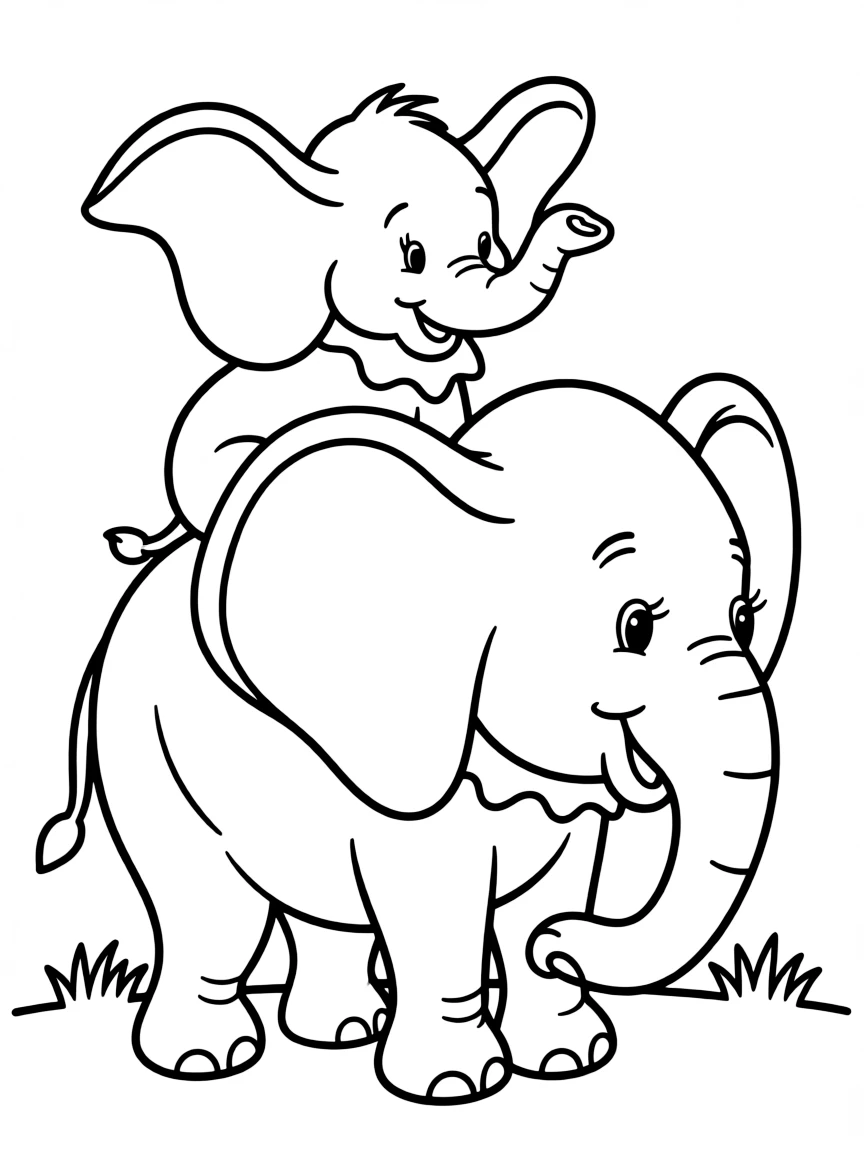 Dumbo sitting on his mother's back, looking content.