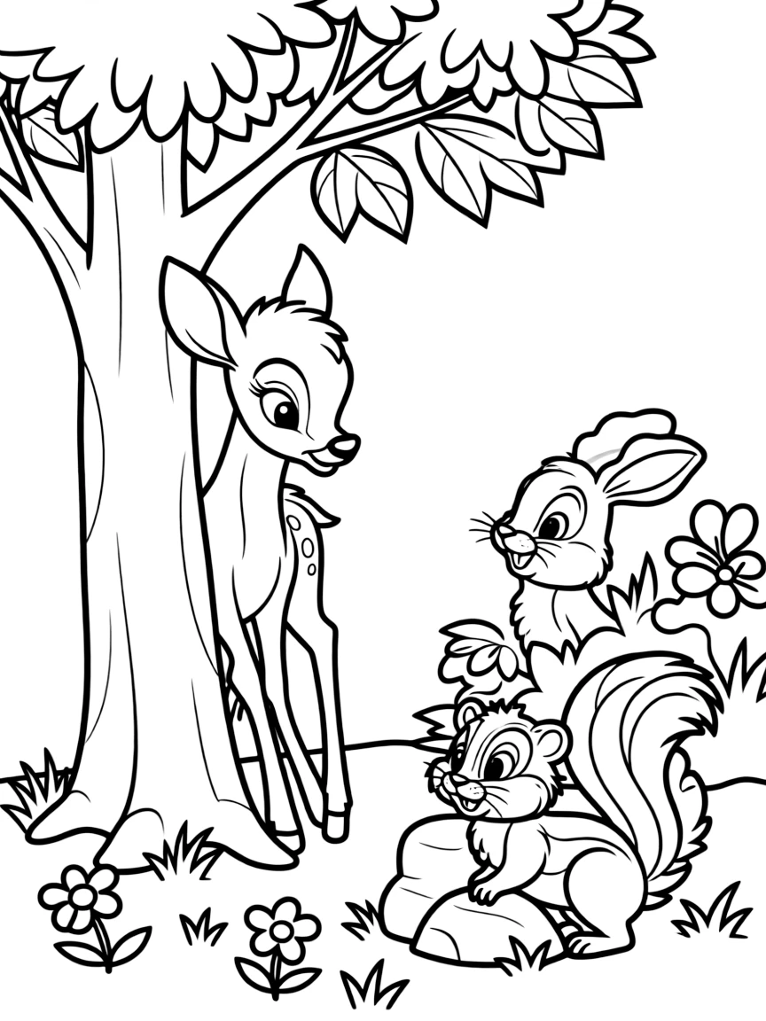 Bambi, Thumper, and Flower playing hide-and-seek.