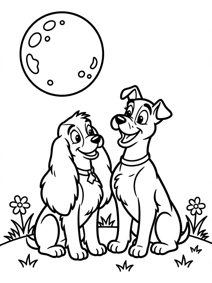 Lady and Tramp looking at the moon together.