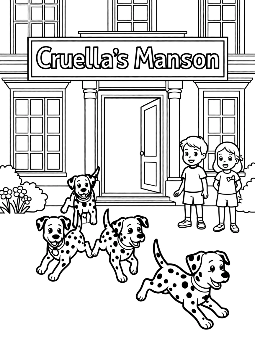 The Dalmatian puppies escaping Cruella's mansion.