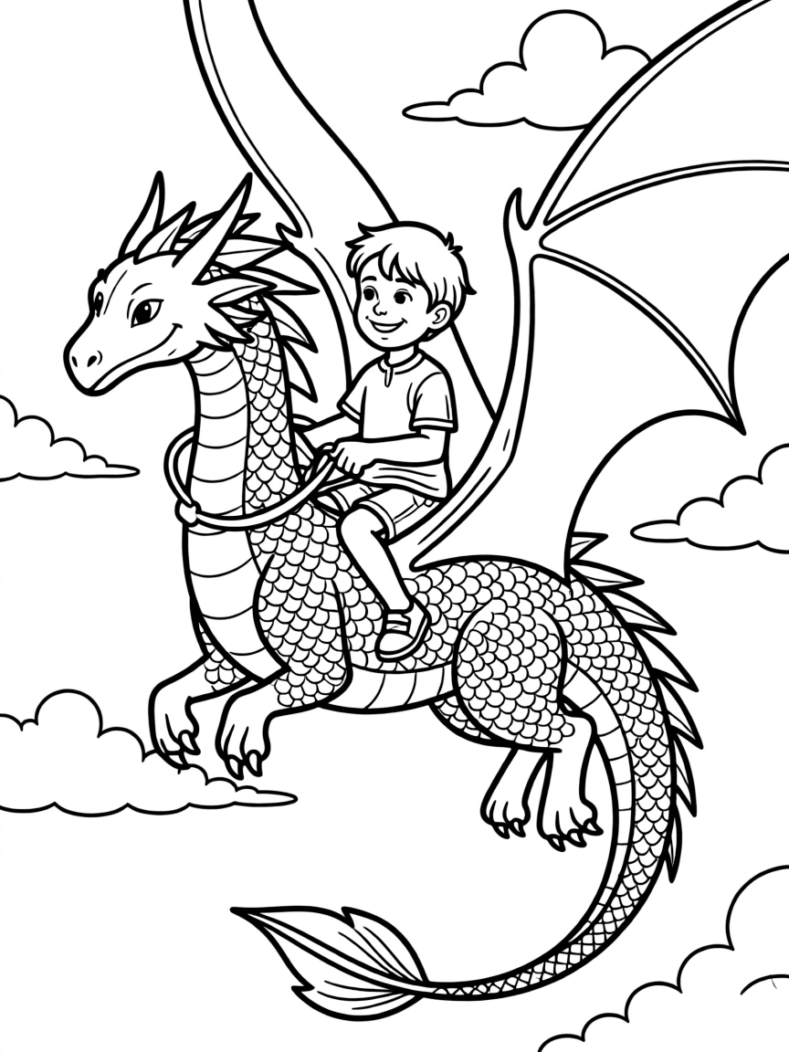 Cody riding on Marahute's back, flying high.