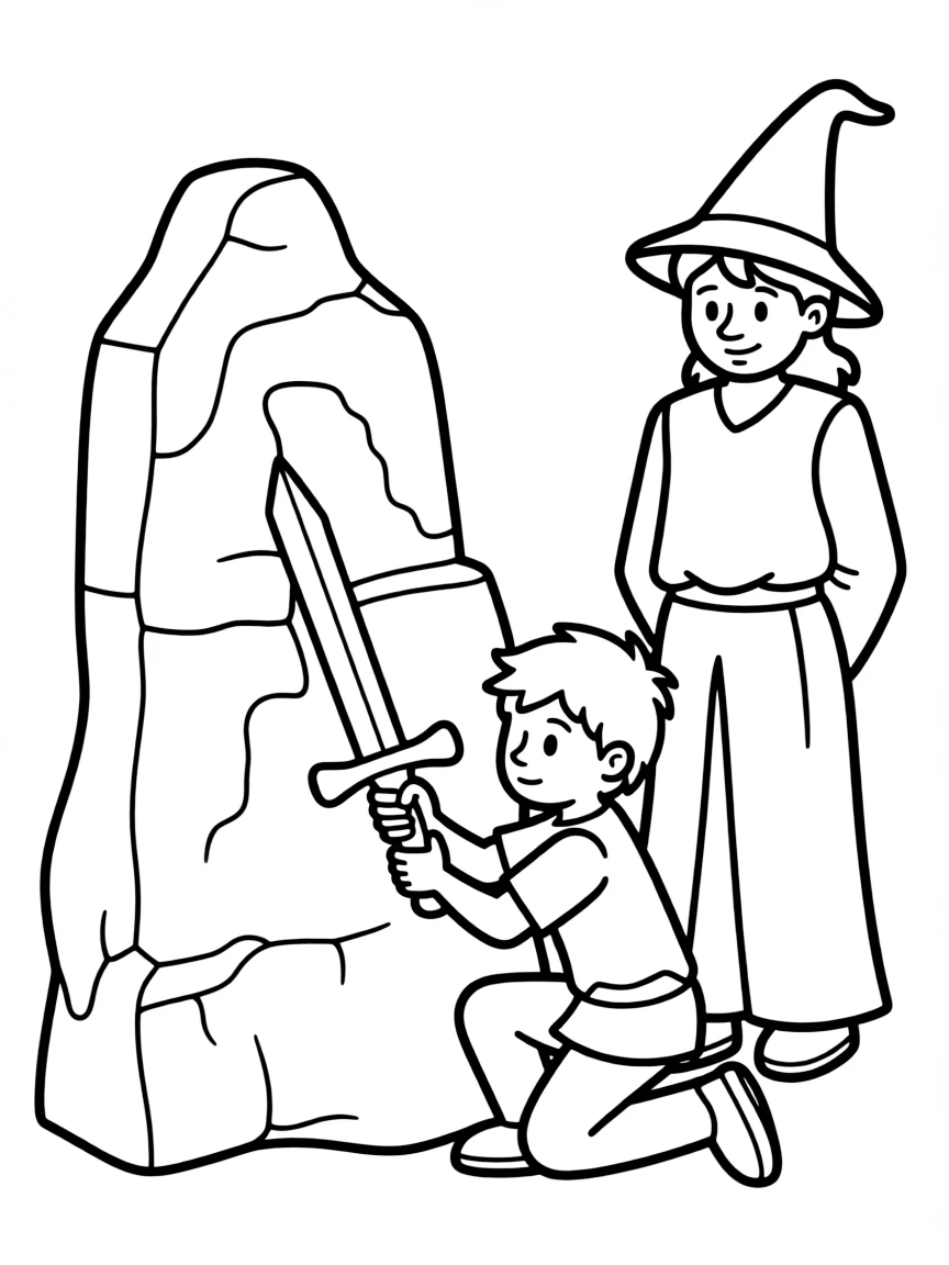 Arthur pulling the sword from the stone, with Merlin watching.