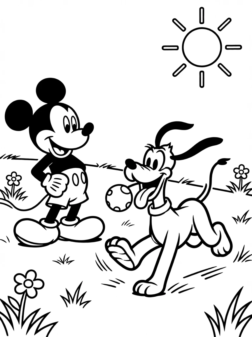 Mickey Mouse and Pluto playing fetch in a field.