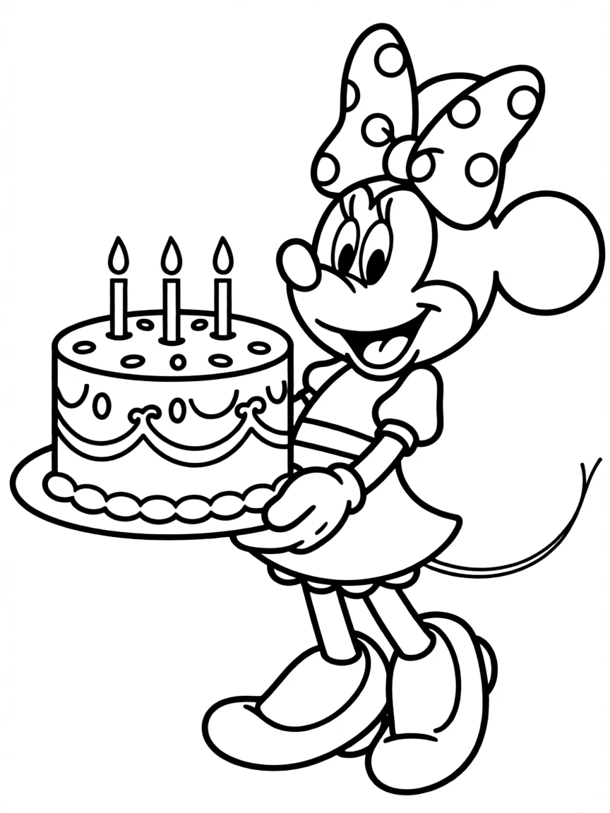 Minnie Mouse holding a large birthday cake.