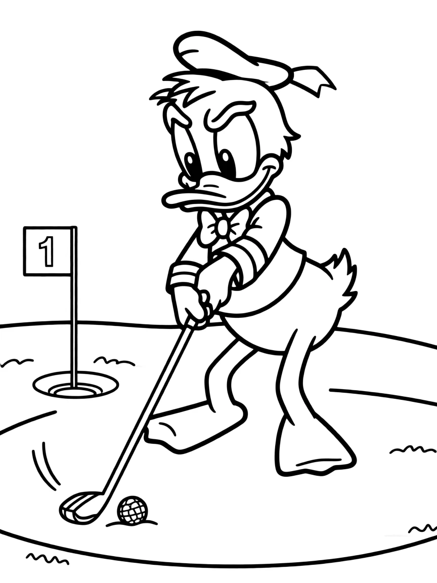 Donald Duck trying to play golf, getting frustrated.