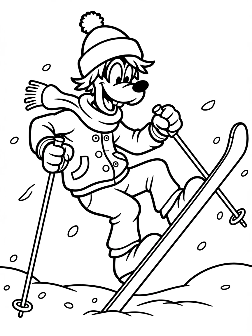 Goofy trying to ski, tangled in his skis.