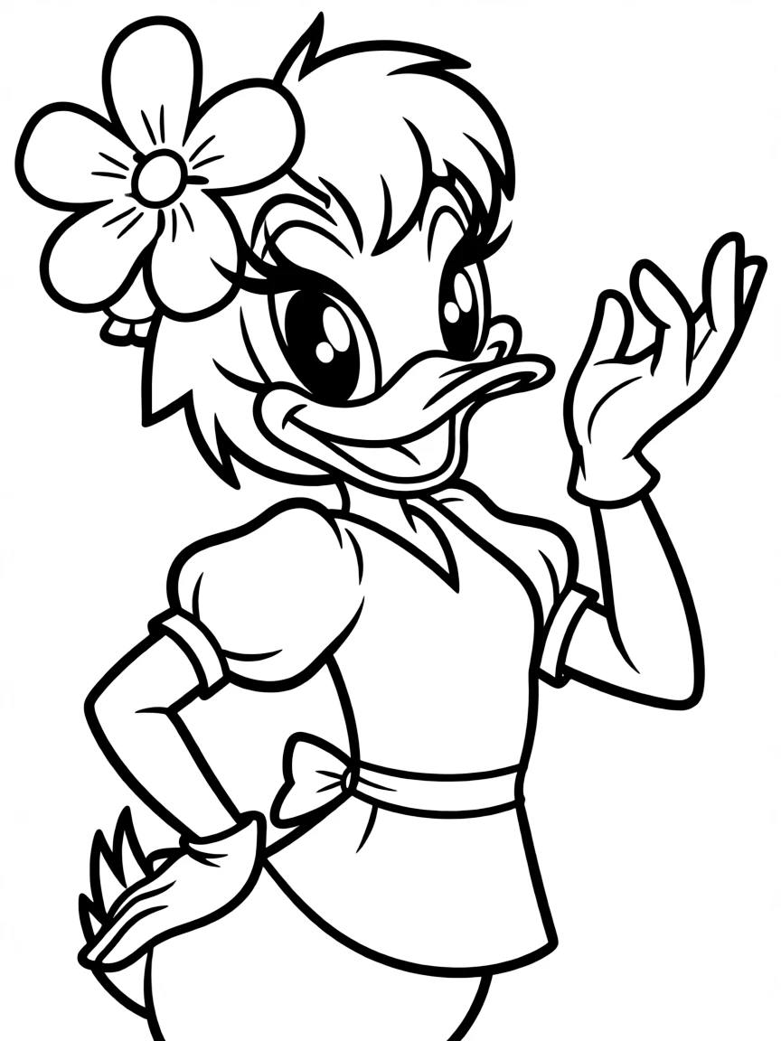 Daisy Duck posing elegantly, with a flower in her hair.