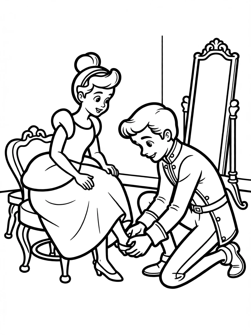 Cinderella trying on the glass slipper, looking hopeful.