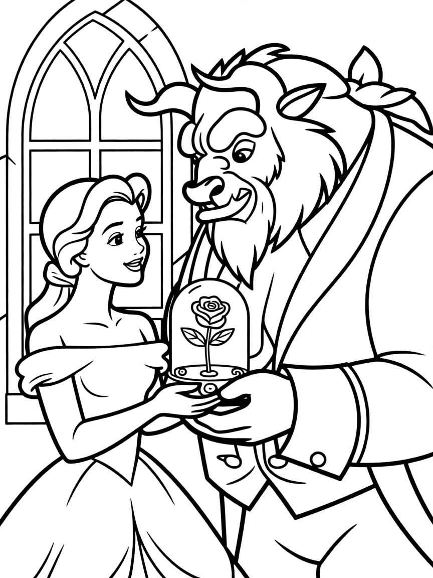 Belle and the Beast looking at a magic rose.