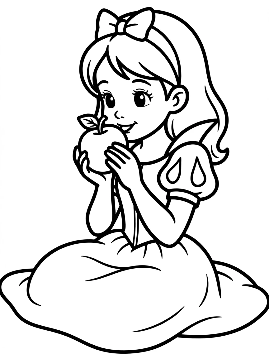 Snow White eating an apple, looking innocent.