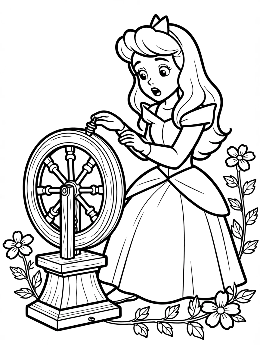 Aurora pricking her finger on the spinning wheel.
