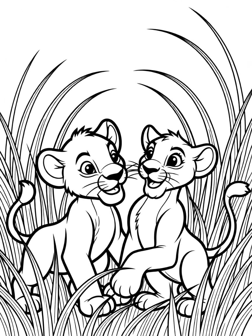 Simba and Nala playing in the tall grass.