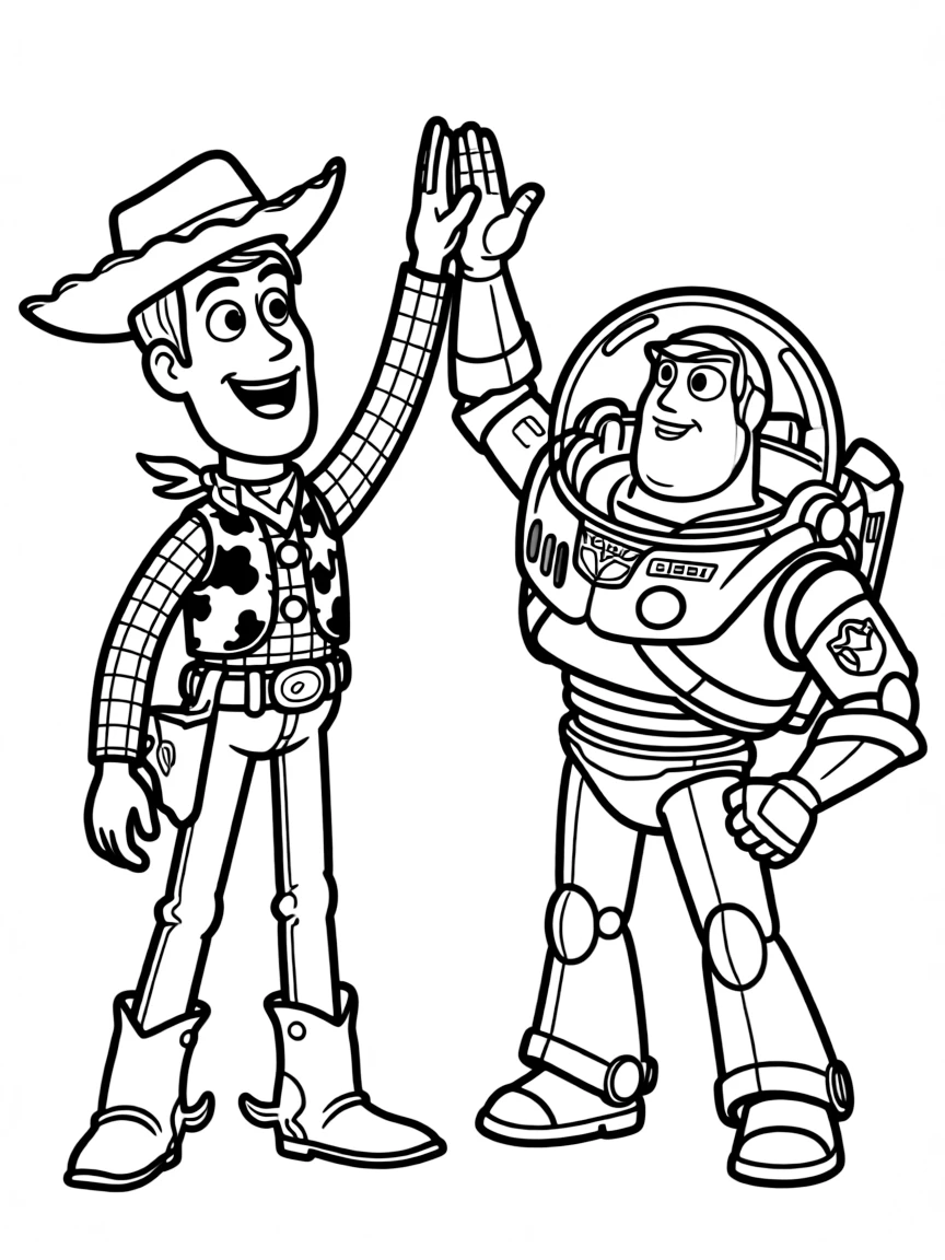Woody giving a high-five to Buzz, with a smile.