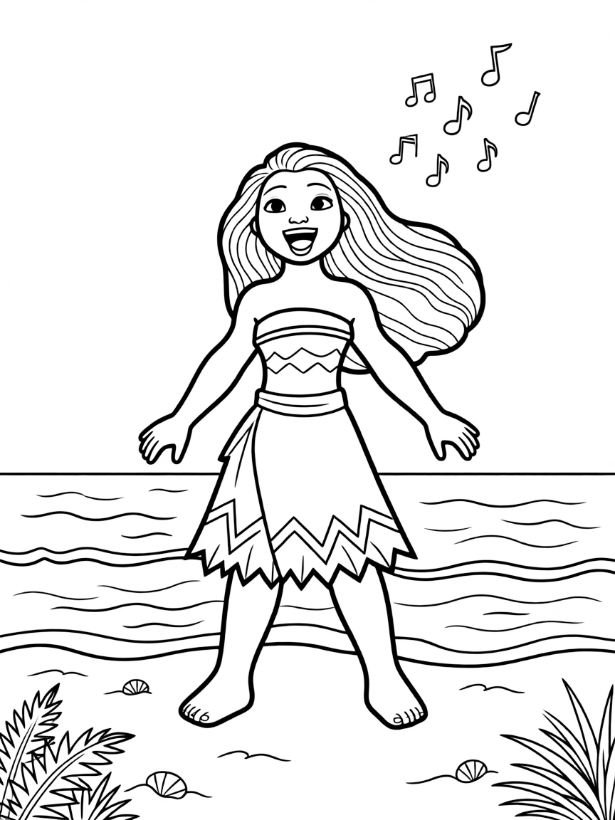 Moana singing "How Far I'll Go" while standing on the shore.
