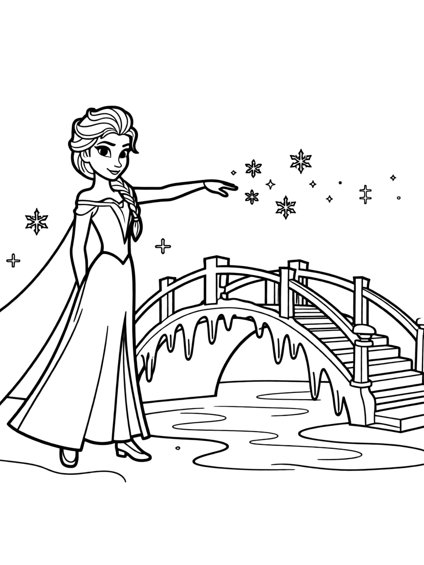 Elsa using her ice powers to create a bridge.