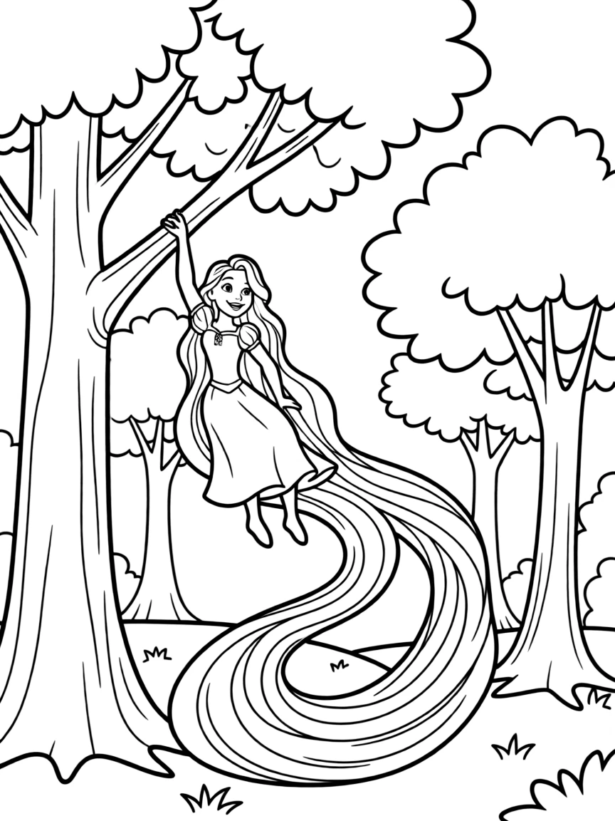 Rapunzel using her hair to swing from tree to tree.