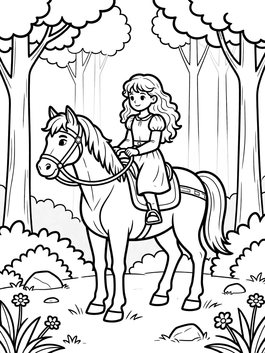 Merida riding Angus through a misty forest.