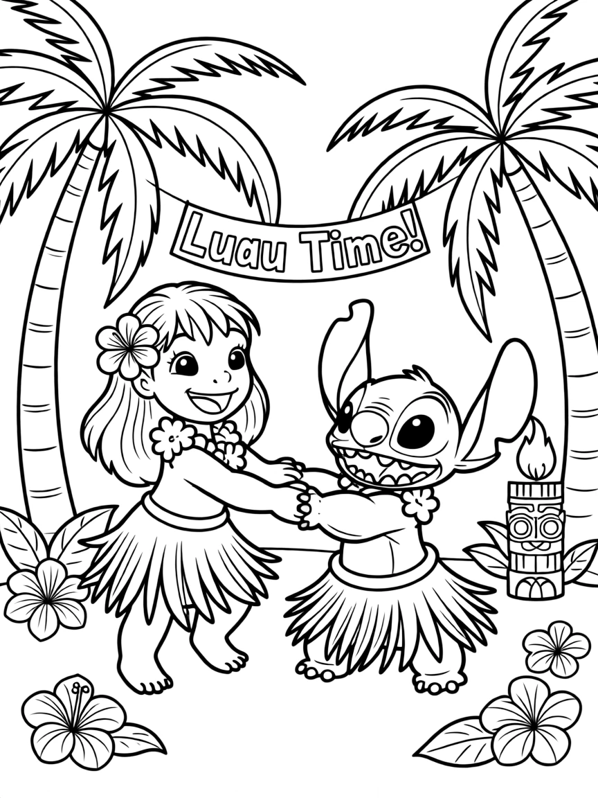 Lilo and Stitch dancing at a luau.