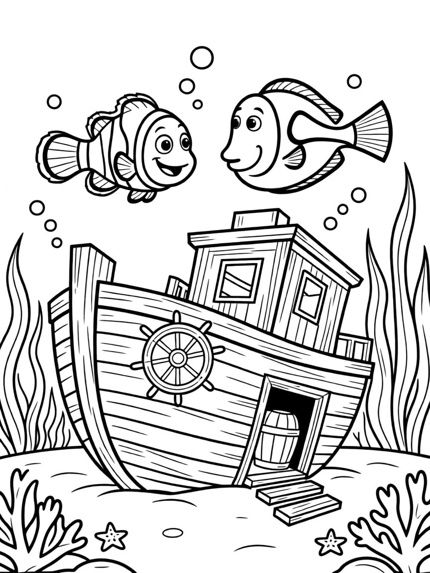 Nemo and Dory exploring a sunken ship.