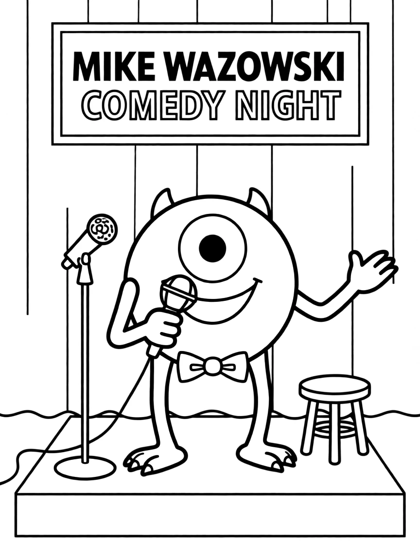 Mike Wazowski performing a stand-up comedy routine.