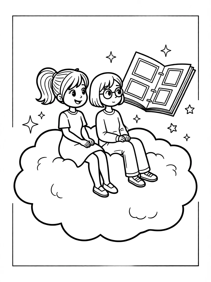 Joy and Sadness sitting on a cloud, looking at memories.