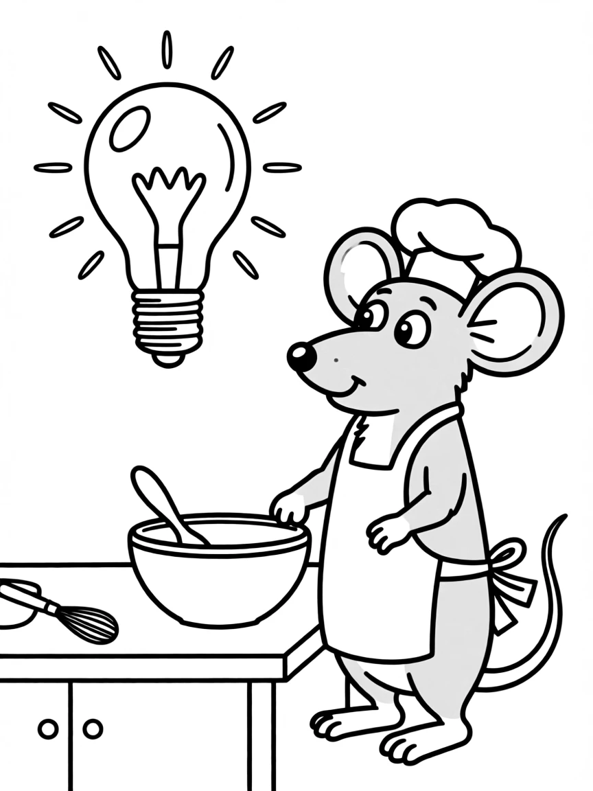 Remy creating a new dish, with a lightbulb above his head.