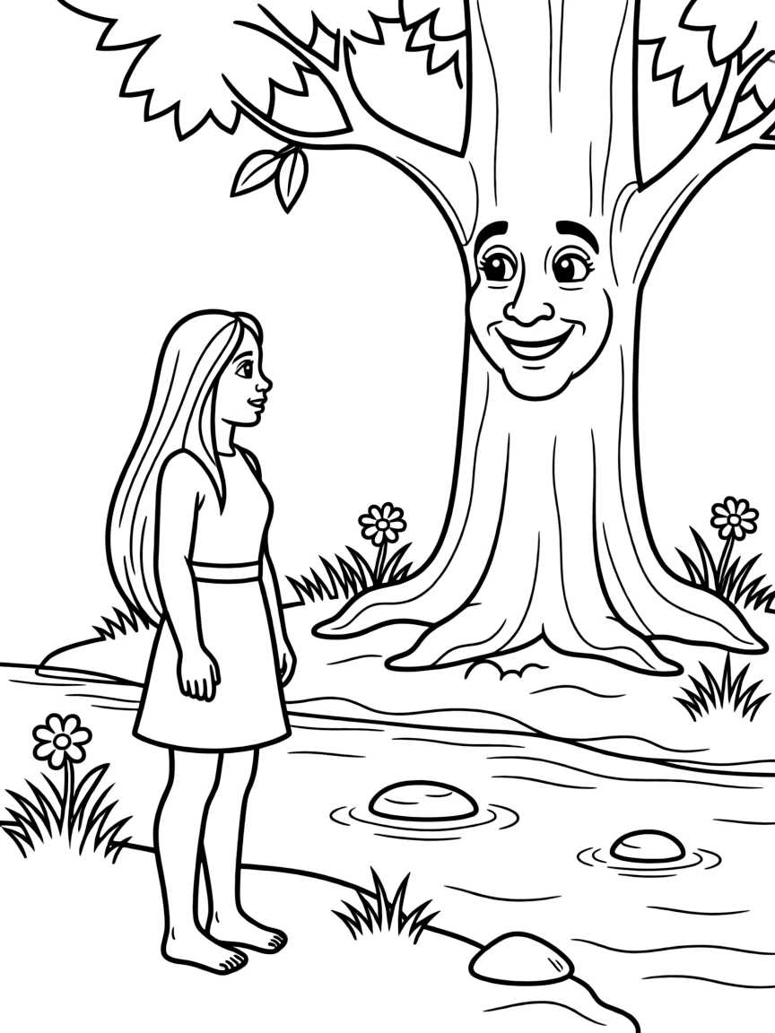 Pocahontas and Grandmother Willow talking by the river.