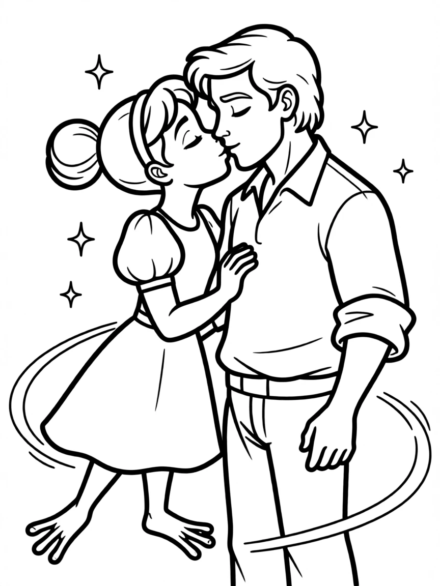 Tiana and Naveen kissing and transforming back into humans.