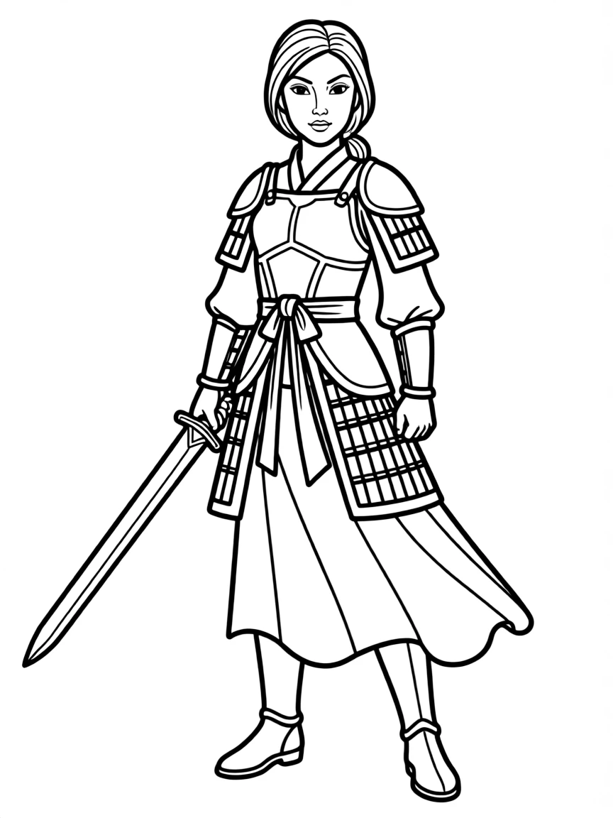 Mulan in her imperial army uniform, looking brave.