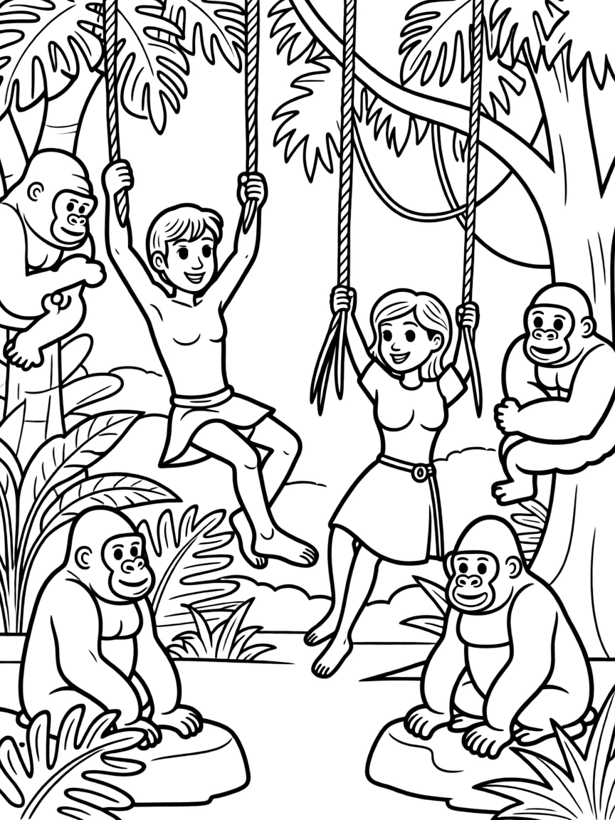 Tarzan and Jane swinging through the jungle, with gorillas.