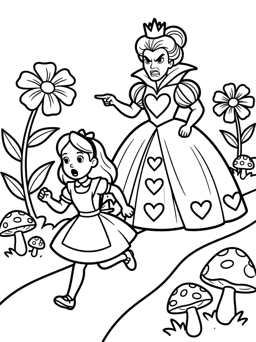 Alice escaping the angry Queen of Hearts.