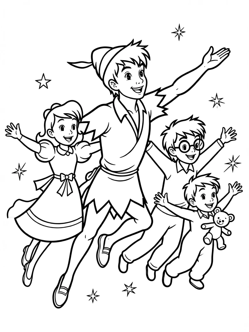 Peter Pan teaching the Darlings how to fly.