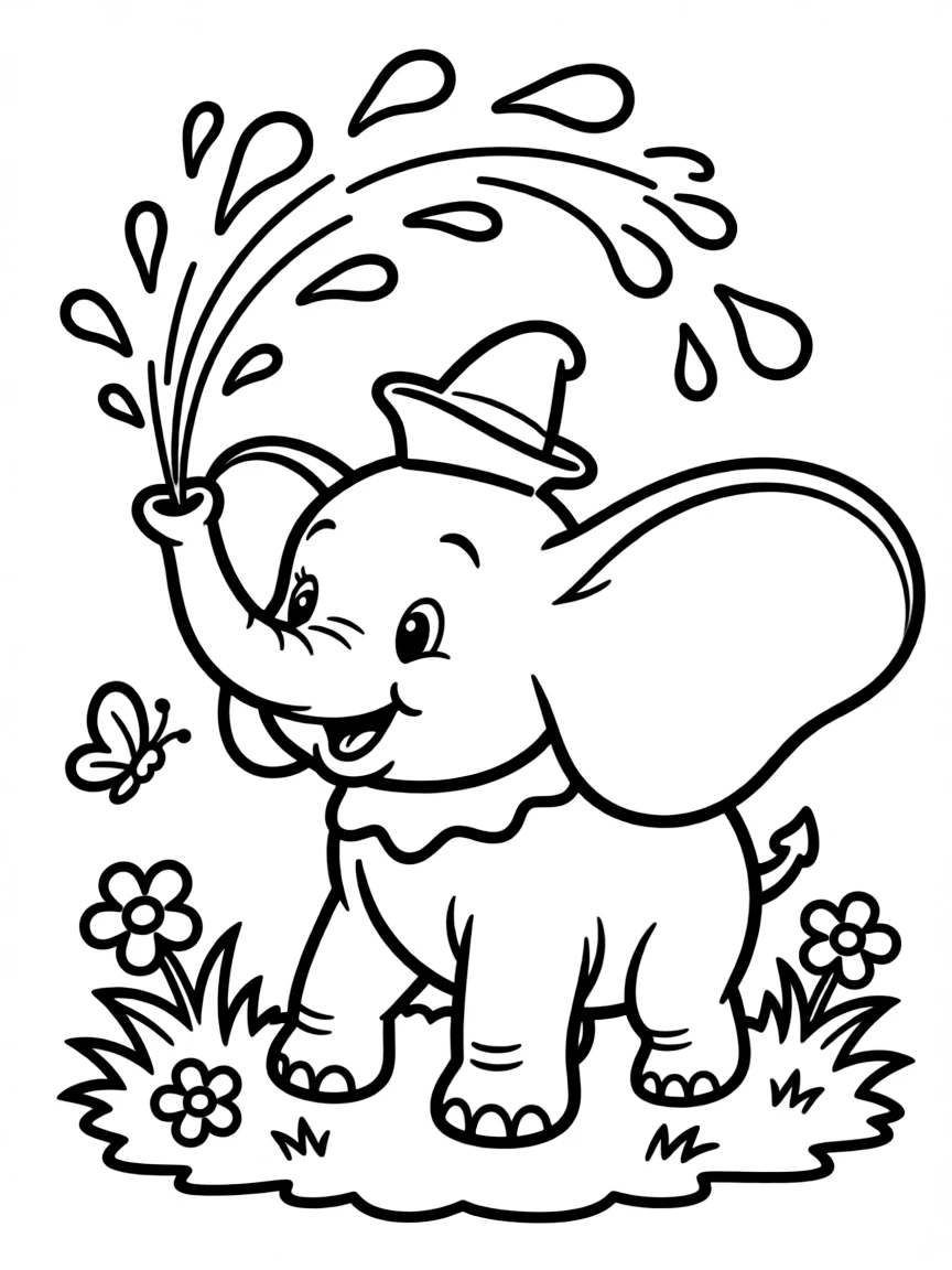 Dumbo spraying water with his trunk, looking playful.
