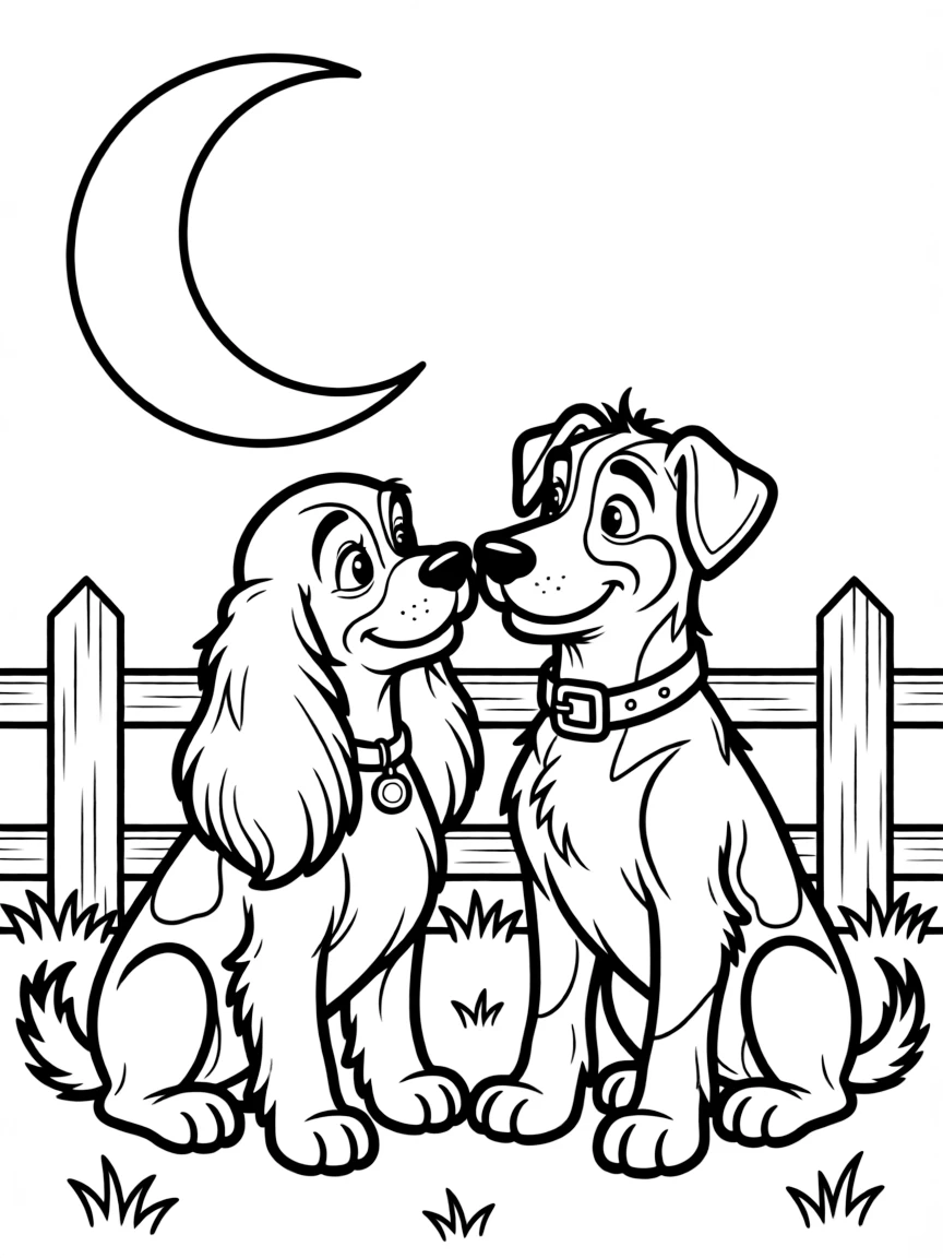 Lady and Tramp looking at each other under the moonlight.
