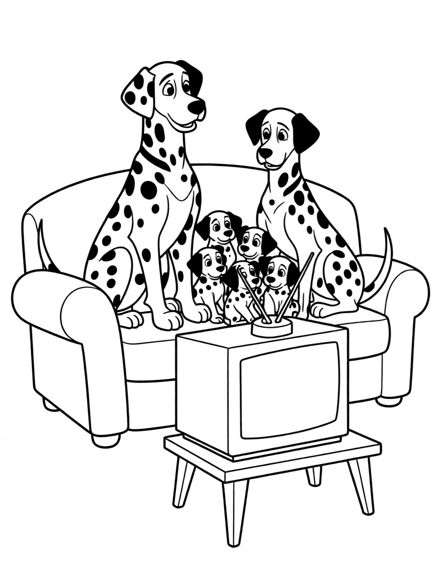 Pongo, Perdita, and the puppies watching TV.