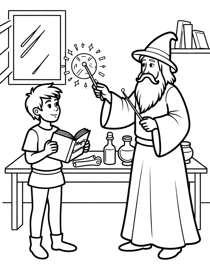 Arthur and Merlin having a magical lesson.