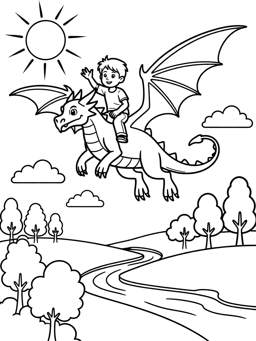 Cody and Marahute flying over a beautiful landscape.