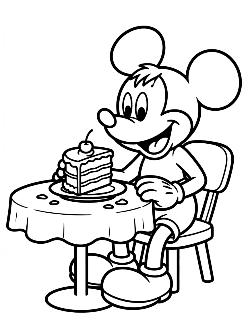 Mickey Mouse enjoying a slice of cake.