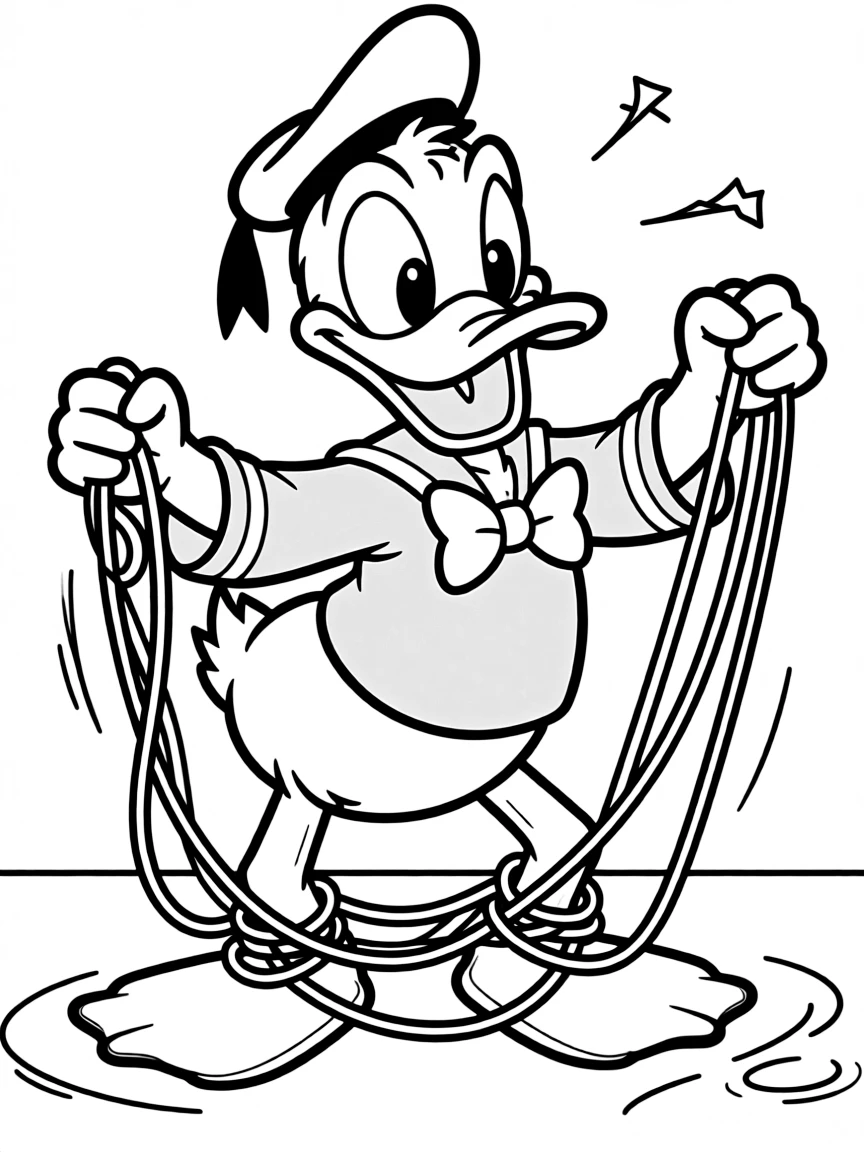 Donald Duck trying to tie his shoelaces, getting tangled.
