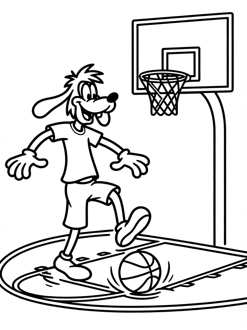 Goofy playing basketball, tripping over the ball.