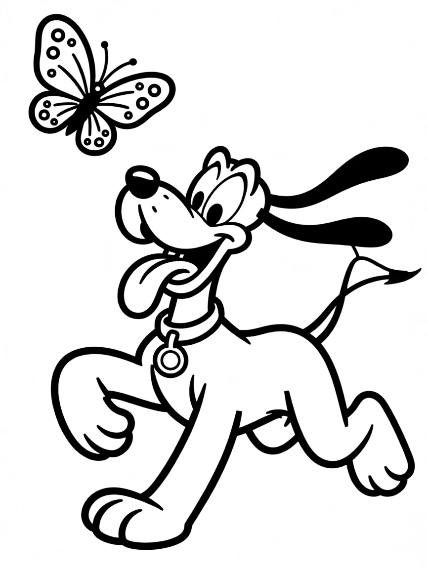 Pluto chasing a butterfly, looking playful.