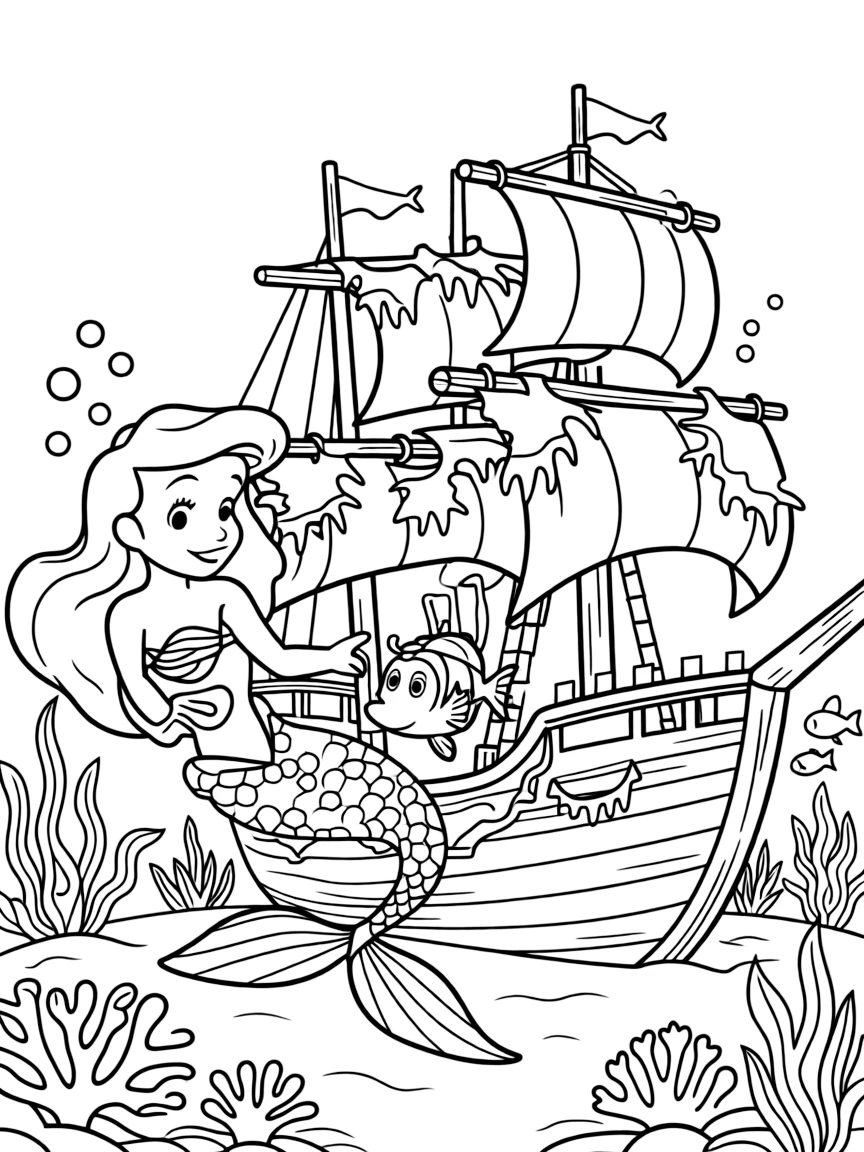 Ariel and Flounder exploring a shipwreck.