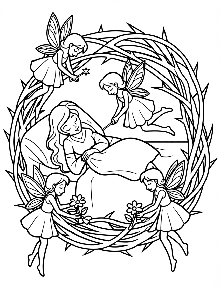 Aurora sleeping in her thorny bed, with the three fairies.