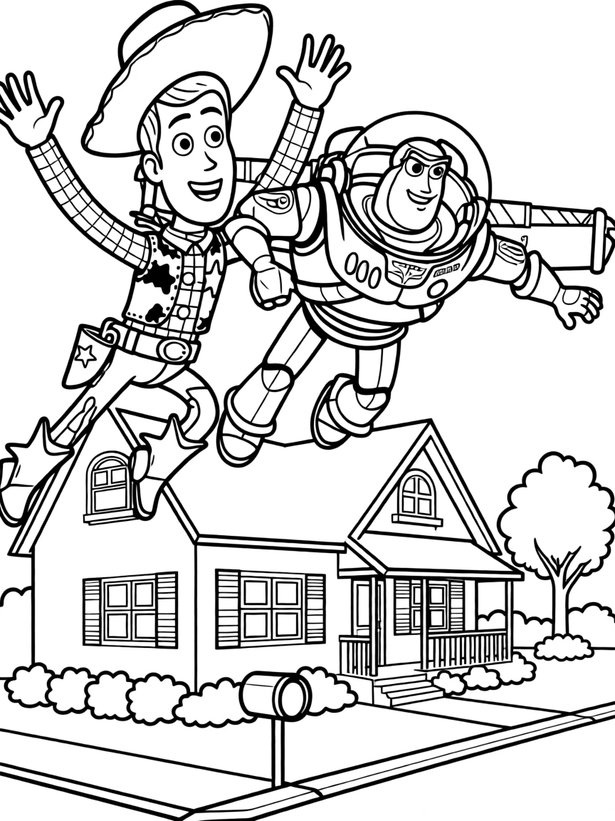 Woody and Buzz flying over Andy's house.