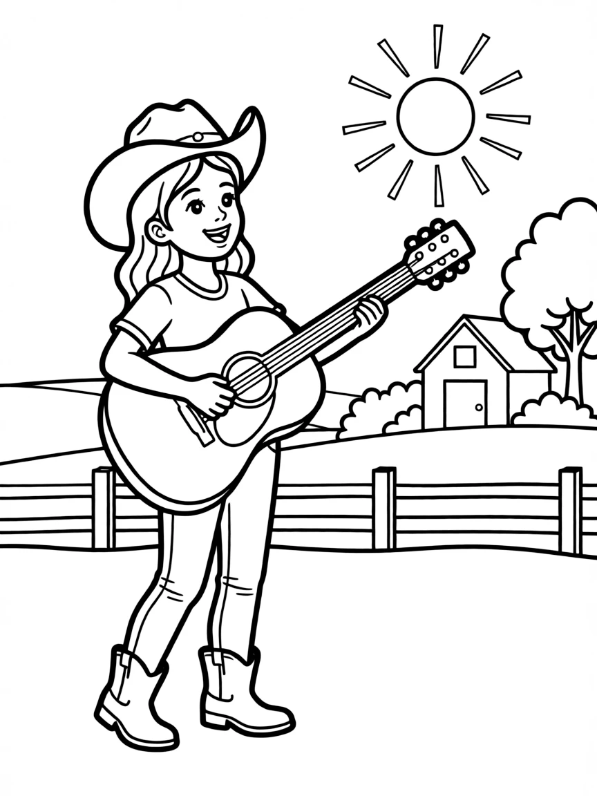 Jessie singing with her guitar, with a country background.