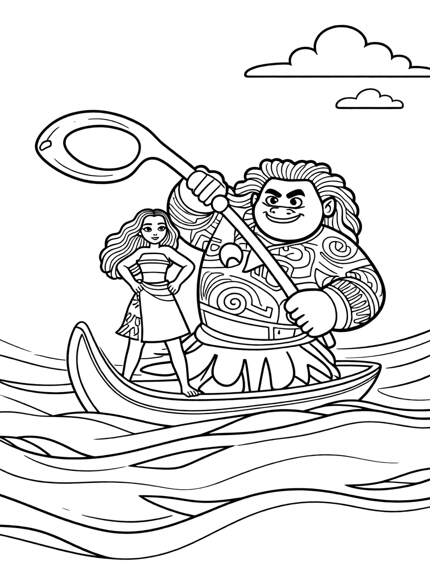Moana sailing her canoe, with the ocean spirit.