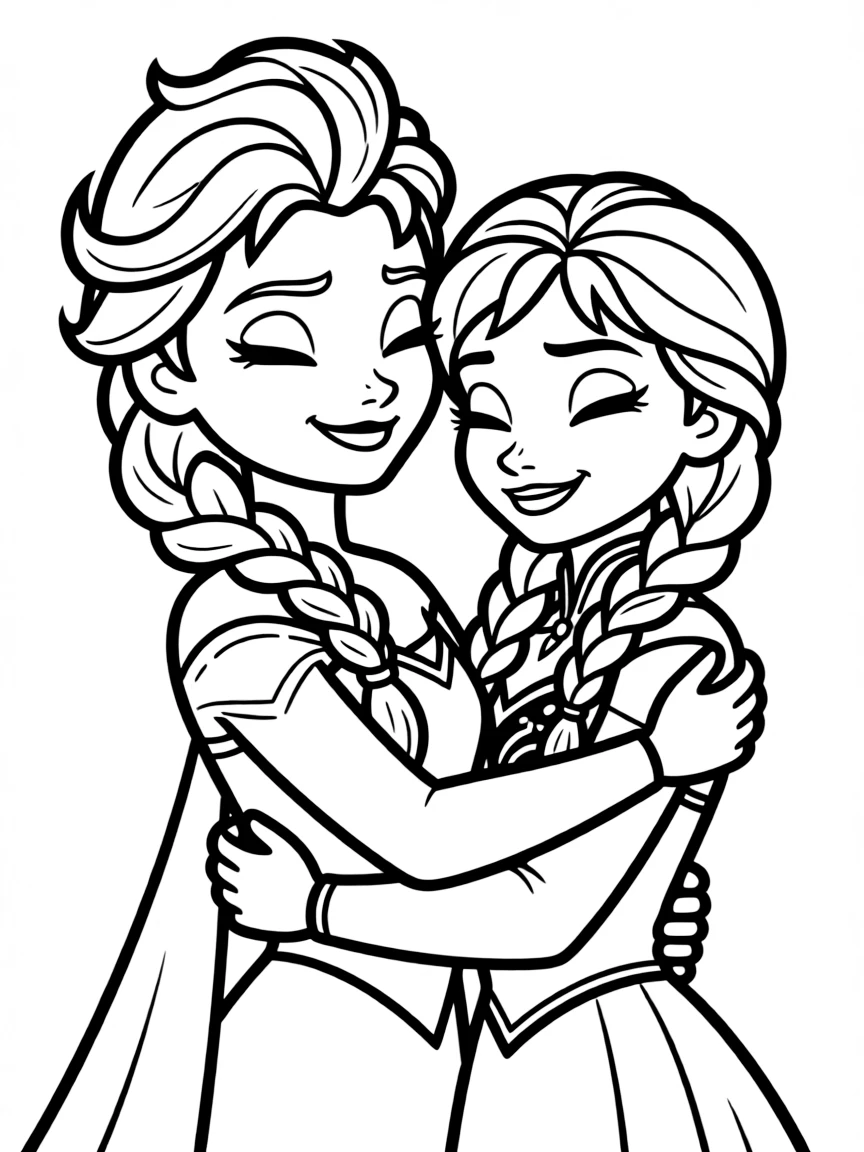 Elsa and Anna hugging tightly, looking relieved.