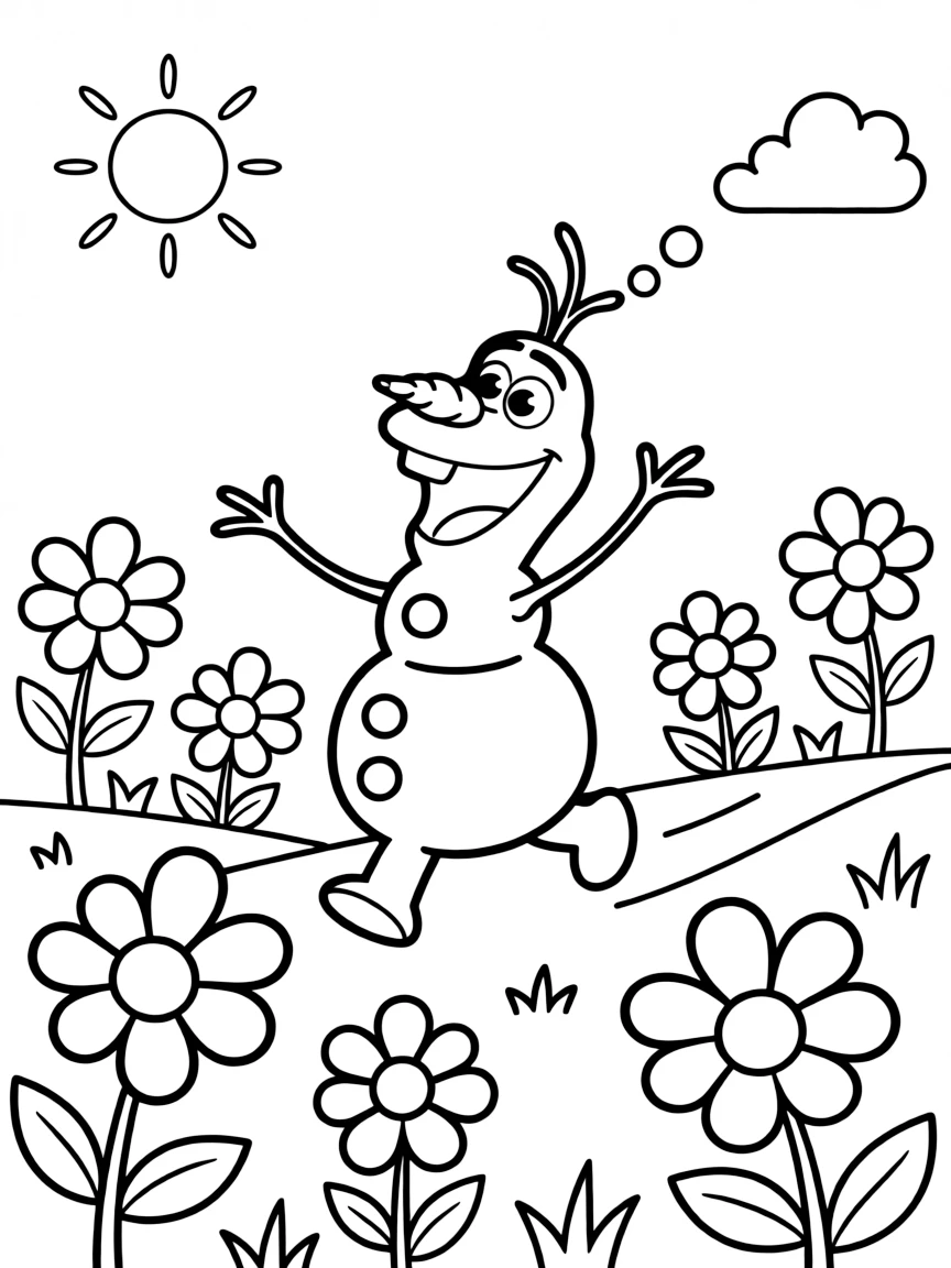 Olaf running around in a field of flowers, dreaming of summer.